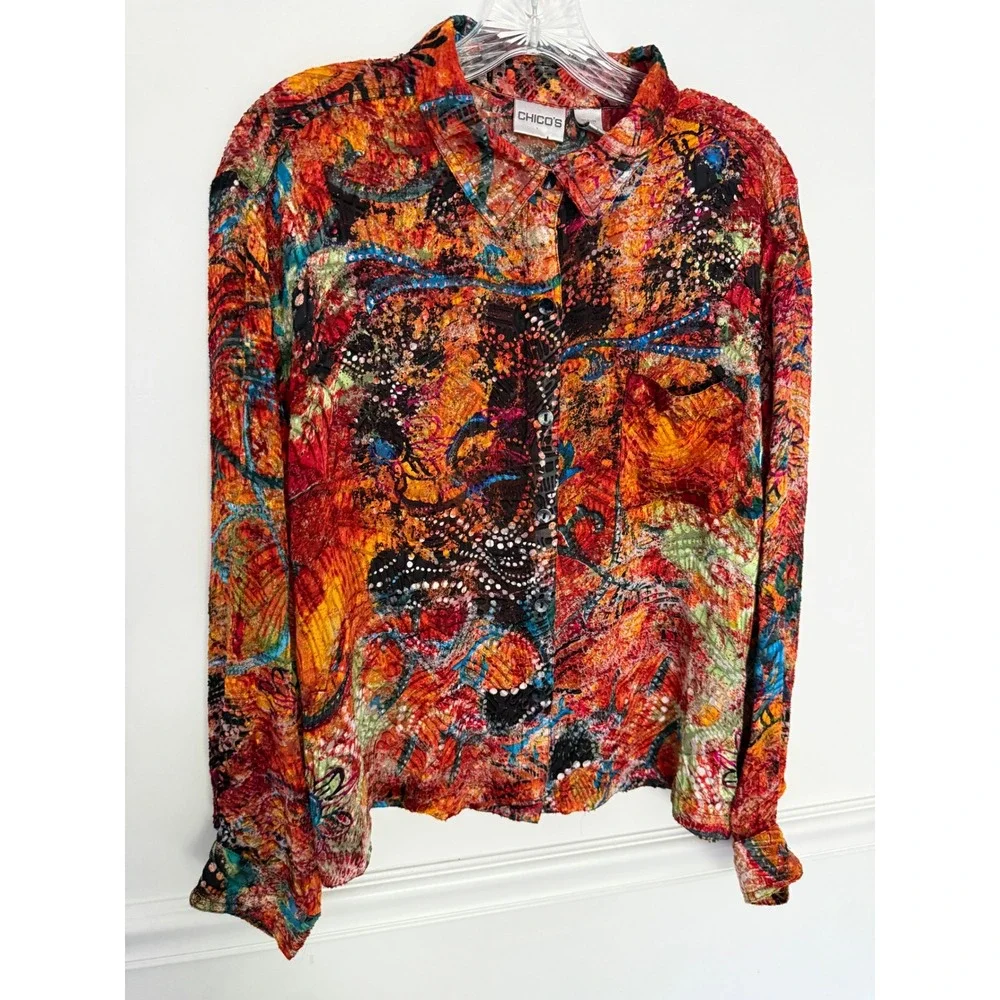 Chicos Silk Blend top sheer Abstract Print Crinkle Shirt Womens Size XL - Picture 6 of 6